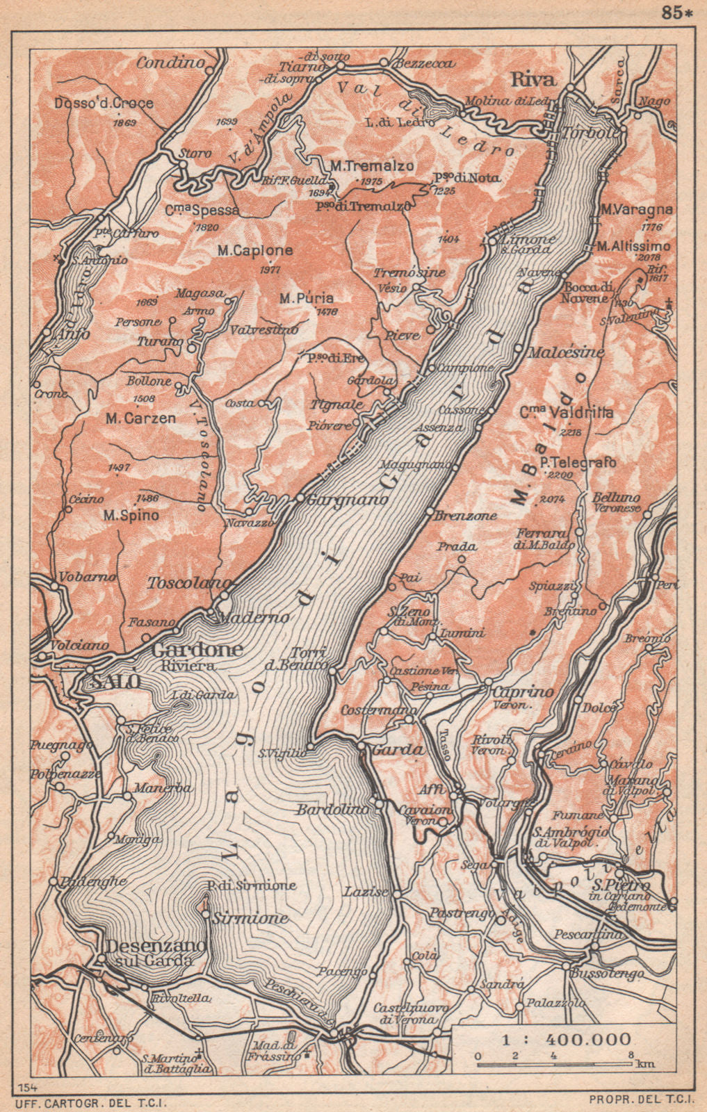 LAKE LAGO DI GARDA vintage map plan. Italy 1958 old vintage chart